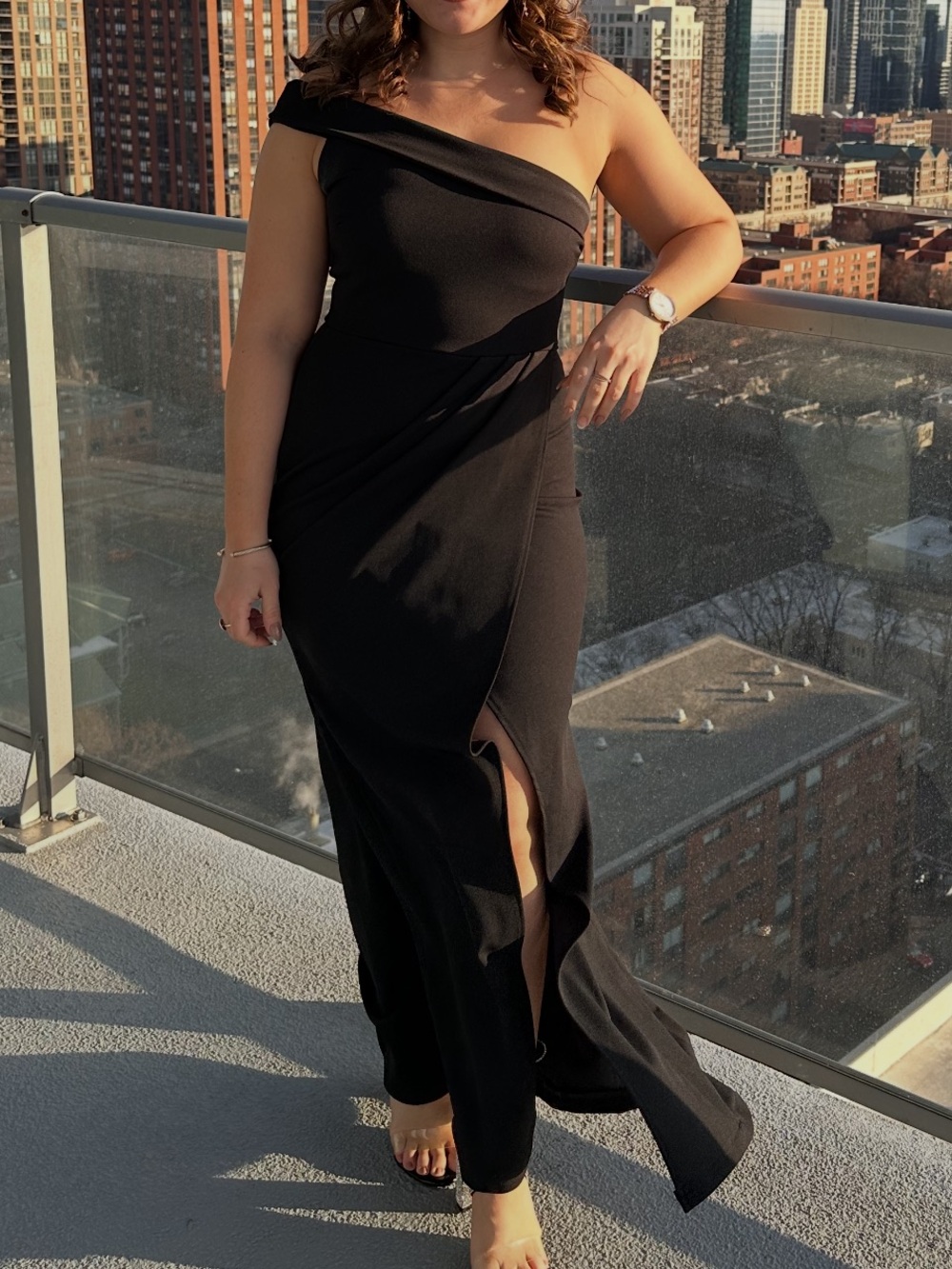 Windsor Black One-Shoulder Slit Evening Gown